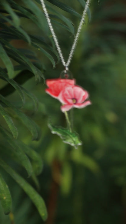 August Birth Flower Necklace - Poppy Design on Acrylic with Sterling Silver Chain