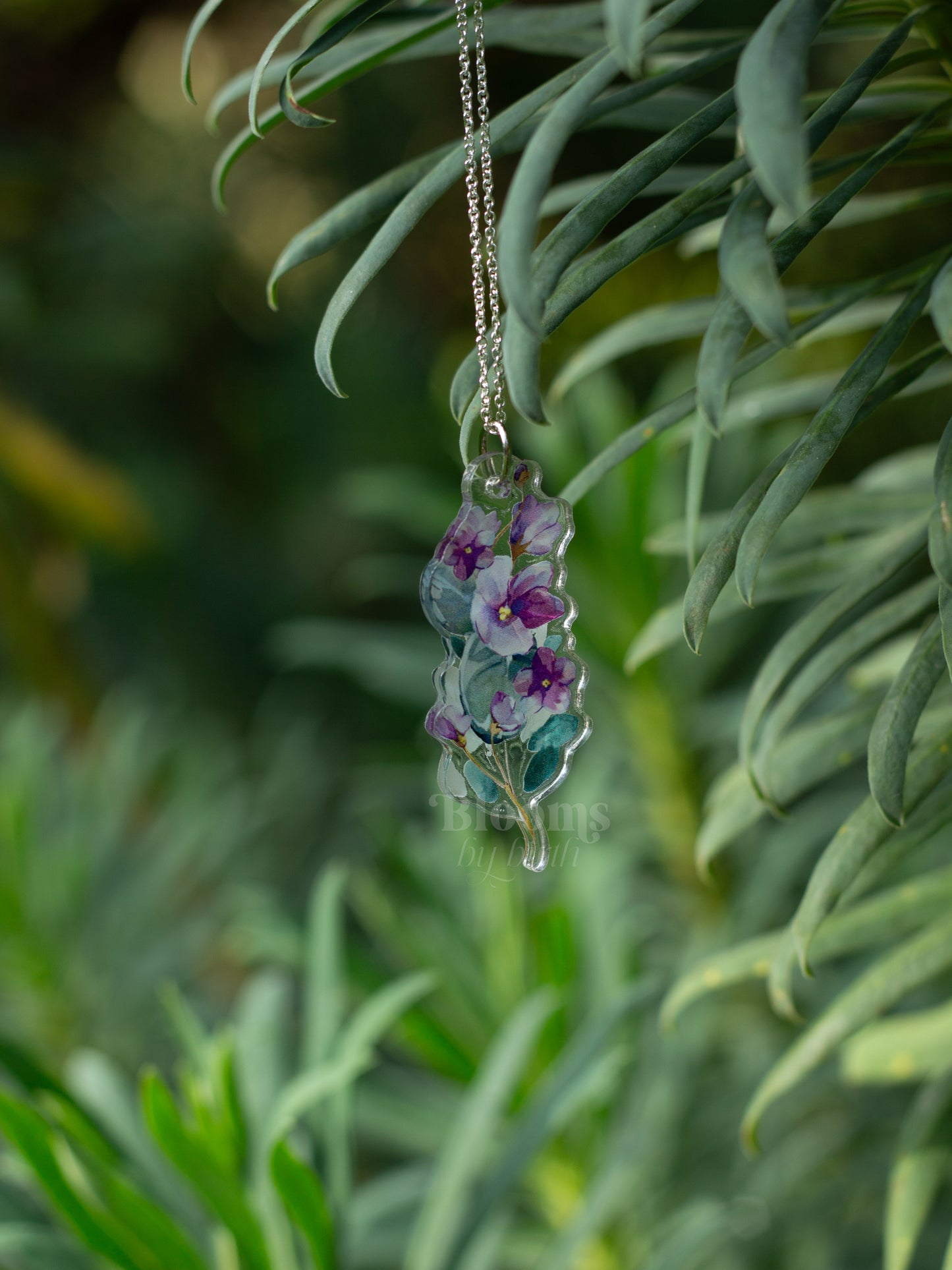 February Birth Flower Necklace - Violet Design on Acrylic with Sterling Silver Chain